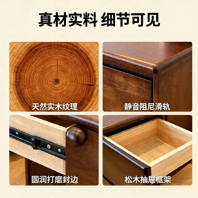 [主图 3] 材质细节展示主图，新中式简约风实木床头柜。
[氛围风格] 温馨居家氛围，延续主图1整体风格光影。
[画质] 商业摄影质感、光线柔和通透、产品清晰真实、画面干净高级。
[元素] 四宫格布局预览效果