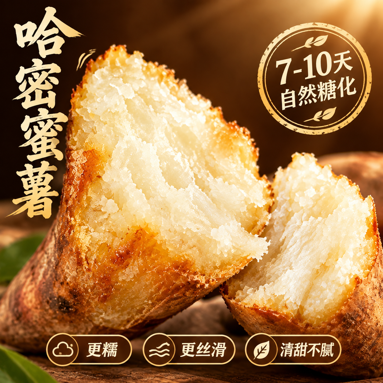 哈密蜜薯食品营销海报，1:1正方形，食材特写风格。大特写镜头聚… - 图片创意预览