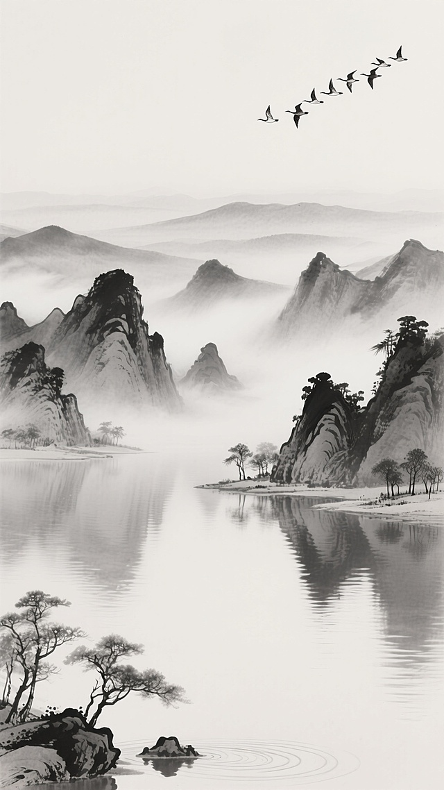中国传统水墨山水画风格背景，以黑白灰为基调，运用淡墨渲染远山和朦胧云雾，浓墨勾勒近景山石轮廓与皴擦纹理，笔触细腻流畅且富有层次感。画面下方是平静的湖面，水面倒映着远山，呈现出淡雅的波纹效果，湖岸点缀几株疏朗的树木，枝干苍劲。中景为连绵起伏的山峦，形态各异，部分山体被薄雾环绕，增添空灵意境。远景是平缓的山脉轮廓，逐渐融入天际。右上角有一群大雁呈人字形展翅高飞，整体构图遵循传统山水画的散点透视，营造出宁静悠远、开阔空灵的氛围，画面简洁大方，具有东方禅意美学。
