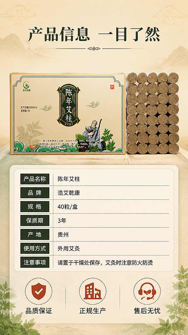 [商品] 使用【图1】【图2】浩艾乾康陈年艾柱包装盒与艾柱；保留包装盒所有文字、图案、Logo、配色；保留艾柱形态与数量；商品处理：产品清晰化，正面展示。
[画面] 目标：第8张规格与保障页，展示产品参数与售后信息。构图：上下结构，上方产品展示，下方参数信息卡。主体位置：上半部分包装盒+艾柱排正面展示，占画面约45%。摆放角度：包装盒正面朝前，艾柱排在右侧并排展示。景别：中景。阅读动线：从上到下，先看产品再看参数。前中后景：前景产品主体，中景参数信息卡，后景米黄渐变背景配淡墨祥云底纹。场景：产品信息展示场景。
[视觉] 套系策略：风格=中式国风养生商业摄影；标题字=宋体加粗带衬线；正文字=简洁黑体；主色=米黄+墨绿；背景延展=基于米黄色做深浅层级、同色渐变和宣纸纹理质感；强调色=赭石红，仅用于小面积图标、引线和标签；标题色=深墨绿；正文色=深棕灰；组件=圆角米白底参数卡、细墨绿表格线、艾草叶装饰元素；光影=正面暖柔光，均匀明亮。
[文字] 顶部主标题"产品信息 一目了然"；下方参数卡列出：产品名称"陈年艾柱"、品牌"浩艾乾康"、规格"40粒/盒"、保质期"3年"、产地"贵州"、使用方式"外用艾灸"、注意事项"请置于干燥处保存，艾灸时注意防火防烫"；底部保障区3个图标+文字：①品质保证 ②正规生产 ③售后无忧；文字全部横排，表格清晰，手机端易读。
[规格] 图片比例9:16竖版，分辨率4K，quality=medium；负向提示：避免变形、错字、文字过小、冷蓝背景、包装文字错乱、二维码、水印、医疗功效承诺、绝对化用语、治疗相关表述。