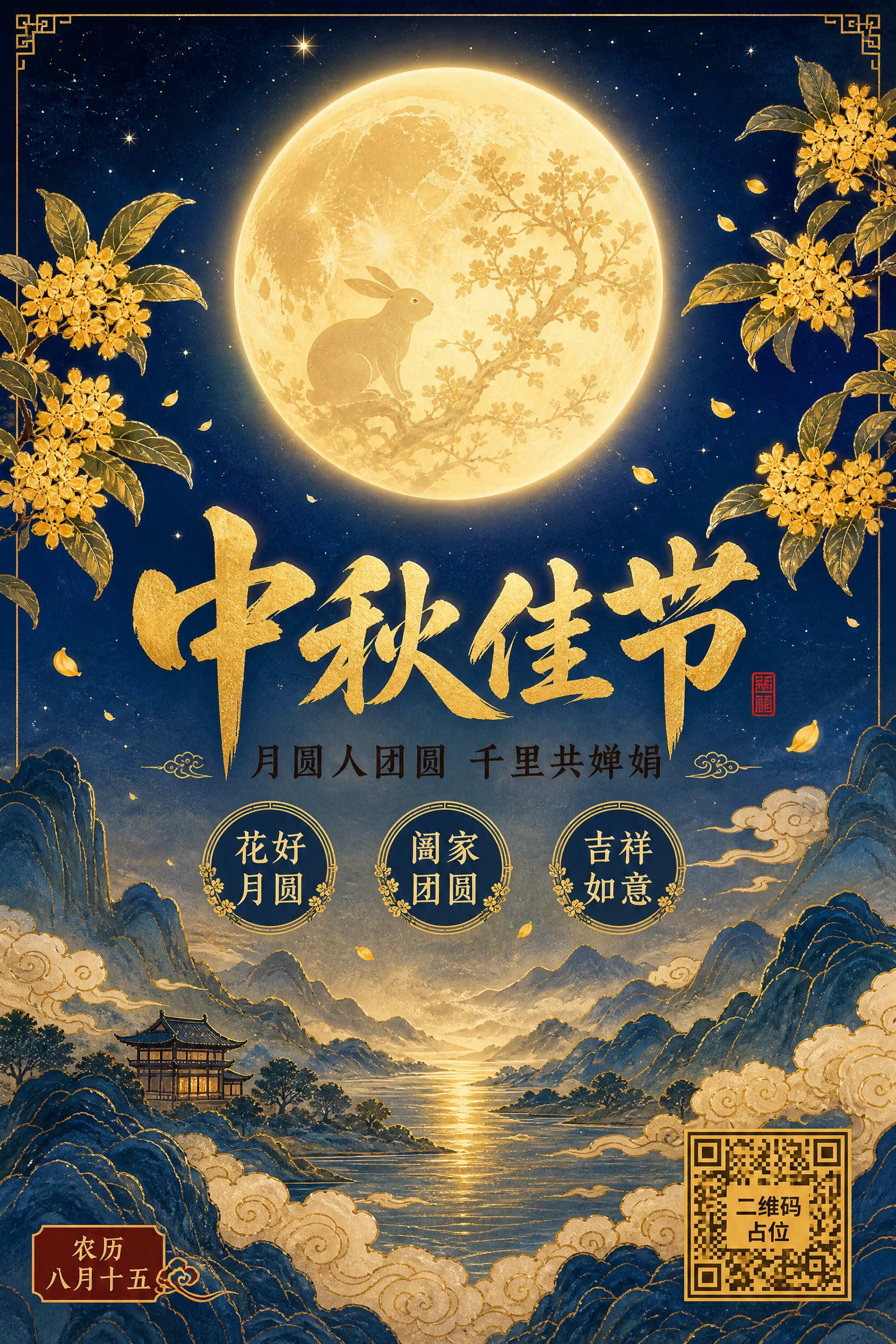 国风新中式工笔风格中秋节海报，A4竖版2:3比例，版式精美。画… - 图片创意预览