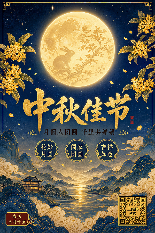 国风新中式工笔风格中秋节海报，A4竖版2:3比例，版式精美。画面中央偏上位置是一轮硕大明亮的满月，月光柔和洒下，月中隐约可见玉兔与桂树剪影。月亮下方是主标题大字"中秋佳节"，采用金色书法字体，端庄大气。主标题下方是副标题"月圆人团圆 千里共婵娟"，字体稍小，深棕色。画面左右两侧点缀盛开的桂花枝桠，花瓣飘落，增添节日氛围。底部有传统中式祥云纹样和远山剪影，营造深远意境。画面中下部有三个圆形装饰标签，分别写着"花好月圆""阖家团圆""吉祥如意"，排列整齐。左下角标注"农历八月十五"小字。右下角有一个金色方形二维码占位符，中央标注"二维码占位"文字。整体配色以深蓝夜空、金色月光、暖黄桂花为主，色调典雅温馨，充满传统中秋节日氛围。背景是渐变深蓝色夜空，点缀点点星光。画面层次丰富，背景层（夜空星月）、中景层（月亮桂花）、前景层（文字装饰）三层空间分明。四周留有安全边距，排版精美对称。画面中所有信息区域必须填充完整合理的内容，不得出现空白框、空白占位、横线待填写区域、空列表项、空单元格。超高清画质，工笔细腻，质感精致。