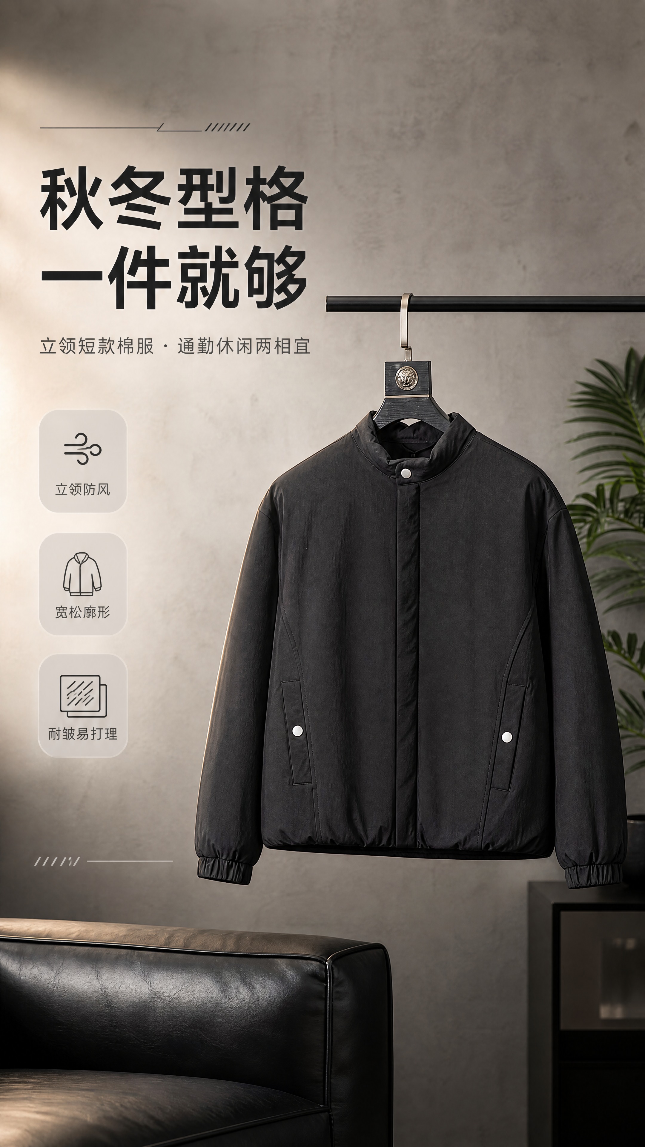 [商品] 使用【图1】黑色男士立领短款棉服夹克；商品处理：保留… - 图片创意预览