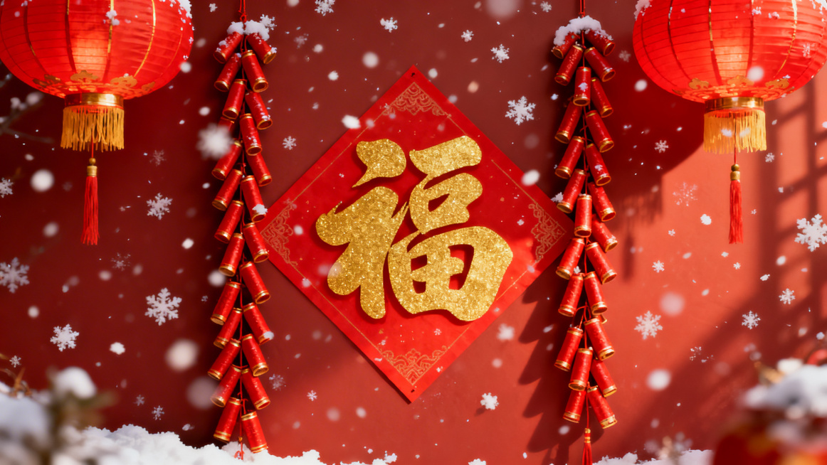 充满新年氛围的横板背景图，画面中有红色灯笼、金色福字、漫天飘落的雪花，还有喜庆的红色鞭炮，整体色调红金搭配，洋溢着热闹欢快的新年气息预览效果
