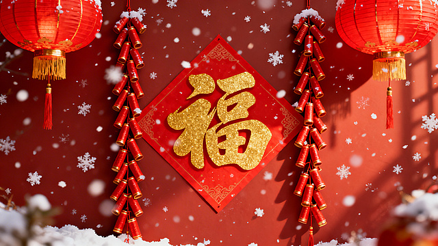 充满新年氛围的横板背景图，画面中有红色灯笼、金色福字、漫天飘落的雪花，还有喜庆的红色鞭炮，整体色调红金搭配，洋溢着热闹欢快的新年气息