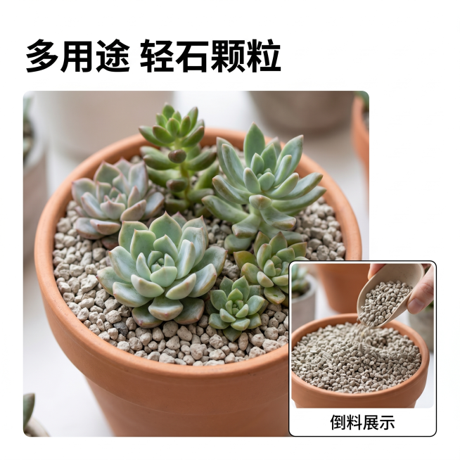 [主图 4] 轻石使用场景展示图
[氛围风格] 自然清新 真实场景感
[画质] 商业摄影质感、光线柔和通透、产品清晰真实、画面干净高级。
[元素] 画中画拼图布局，主区域展示盆栽铺面使用场景：多肉盆栽预览效果