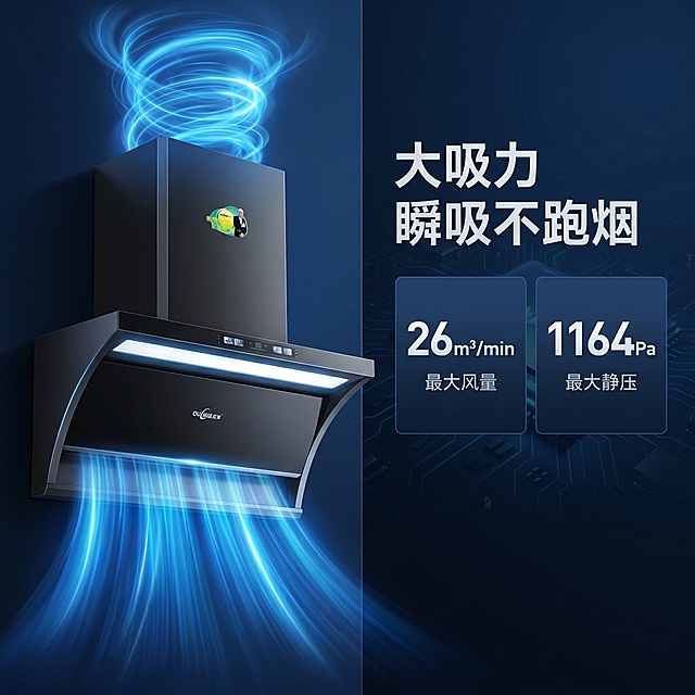 [主图-2] 核心吸力性能卖点展示
[氛围风格] 科技风，性能可视化，专业高级
[画质] 商业摄影质感、光线柔和通透、产品清晰真实、画面干净高级
[元素] 保持抽油烟机外观（物理结构、材质质感、颜色）与输入产品图绝对一致，杜绝任何变形和色差，精细化处理。左侧放置产品主体，右侧为性能数据展示区，画面构图饱满，信息层次清晰。用动态蓝色气流可视化展示大吸力风道路径，清晰表现瞬吸效果。提取核心参数，用大号数字突出风量风压数据。商品主体占比合理，画面满屏无边框
[光影] 冷调主光，气流区域做蓝色发光效果突出性能，边缘高光勾勒产品轮廓，背景深色简洁突出主体
[配色] 深蓝科技背景，黑色产品主体，白色数据文字，浅蓝色气流光效，对比清晰
[视角构图] 平视，左右分栏构图，产品+可视化效果分区明确，重点突出
[文字版式] 左侧主标题"大吸力 瞬吸不跑烟"，粗体大字；右侧数据展示：大号数字"26m³/min"，下方小字"最大风量"，再下方"1164Pa 最大静压"，卡片式排版，深底白字，清晰醒目。参数文字分组，层级分明，不遮挡产品主体
[比例分辨率] 1:1比例，2k分辨率，文字清晰可辨，超高清
[负向提示词] 变形，水印，文字错乱，产品图模糊，背景杂乱，色差，结构错误