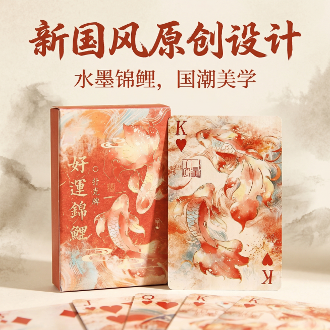 1:1 竖版电商主图，严格还原上传的好运锦鲤国风扑克牌产品图，包括朱红包装、水墨锦鲤插画、金色 “好运锦鲤” 文字、品牌标识等所有设计细节，产品外观必须与参考图完全一致，不得改变包装设计、配色方案或品预览效果
