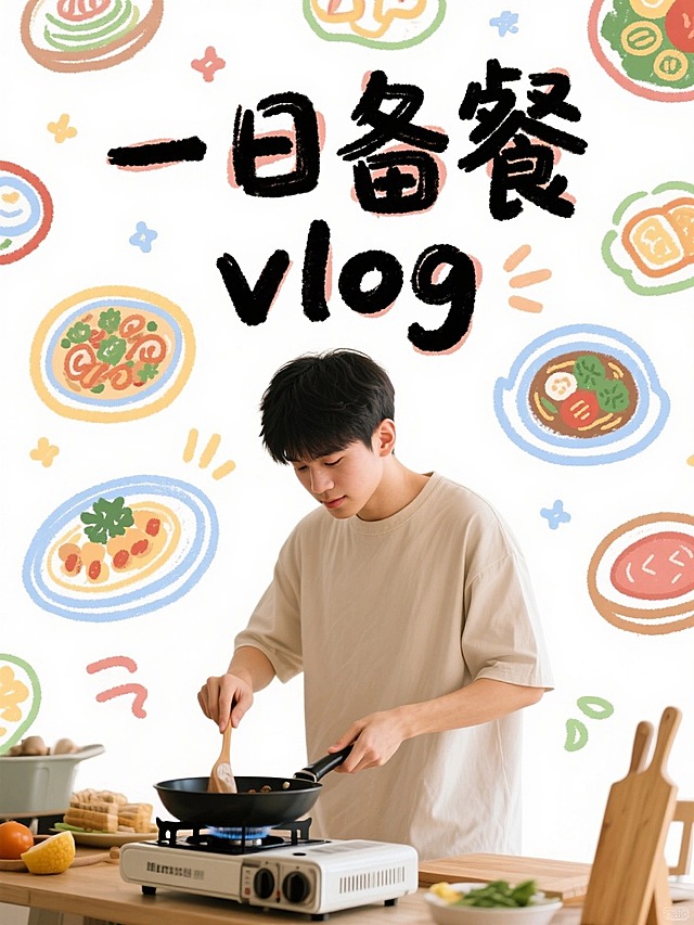 实景照，一个做饭的男生，文字内容为“一日备餐vlog”，手写涂鸦大字，美食相关元素点缀