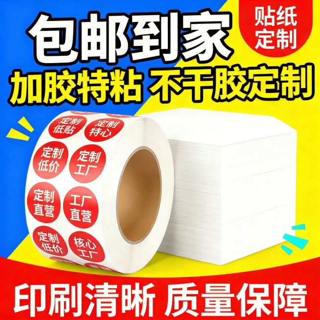 将图片右上角红色圆角矩形里的文字“拼多多 主图风格”修改为“贴纸定制”，保持原有字体、颜色、风格不变，修改区域和红色背景自然融合，其余画面内容保持不变预览效果