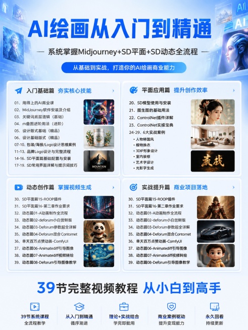 [第1屏] 这是AI绘画课程主视觉头图，展示Stable Diffusion AI绘画系统商业课程的核心价值，使用用户提供的4张课程目录图片作为内容参考，整合出清晰完整的课程引导。
[氛围/风格] 现预览效果