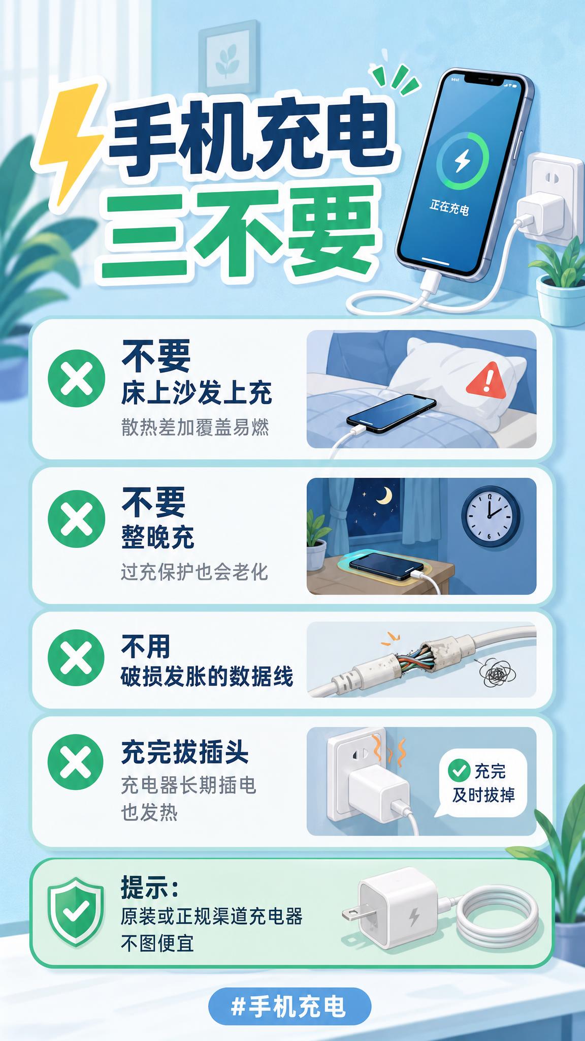 小红书风格信息卡，手机充电安全主题，9:16竖版，清新蓝绿色调… - 图片创意预览