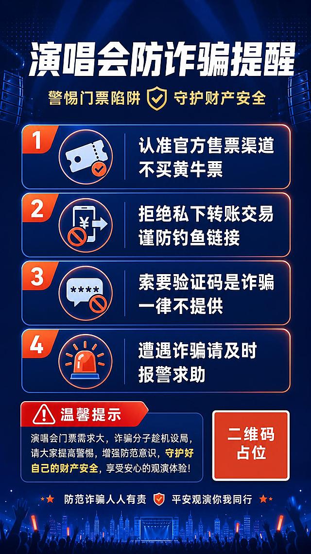 一张防诈骗宣传竖版海报，主题为演唱会防诈骗温馨提醒。整体采用深蓝色渐变背景，搭配橙红色警示点缀色，正式清晰、醒目易读。顶部居中大字号主标题："演唱会防诈骗提醒"，字体加粗醒目，白色。主标题下方副标题："警惕门票陷阱 守护财产安全"，字号稍小，浅金色。中间区域为4条编号防骗要点，采用编号列表形式，信息卡片式排版，每条配一个简洁几何图标：第一条"认准官方售票渠道 不买黄牛票"，第二条"拒绝私下转账交易 谨防钓鱼链接"，第三条"索要验证码是诈骗 一律不提供"，第四条"遭遇诈骗请及时报警求助"。底部有"温馨提示"红色标识，以及一个二维码占位符方块（纯色方块中央标注"二维码占位"文字）。画面中所有信息区域必须填充完整合理的内容，不得出现空白框、空白占位、横线待填写区域、空列表项、空单元格。版式精美，信息分区清晰，高对比文字，留白规整，四周留足安全边距。画面中所有数字必须精确渲染，不得错位、遗漏或编造。