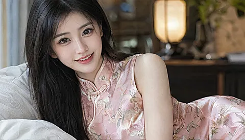 粉色旗袍少女人像写真复古海报。画面展示一位身穿粉色花卉旗袍的长发女性，温婉微笑，背景为暖色调室内环境，具有浓郁的东方复古韵味。