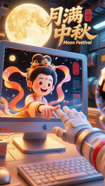 大师级排版设计，（字体标志"月满 中秋”装饰英文：“Moon Festival”，两行错排，红色中式印章；创意字体设计，线条流畅且富有艺术感，将字体进行抽象变形，创造出独特的节奏和动感，给人以强烈的视预览效果