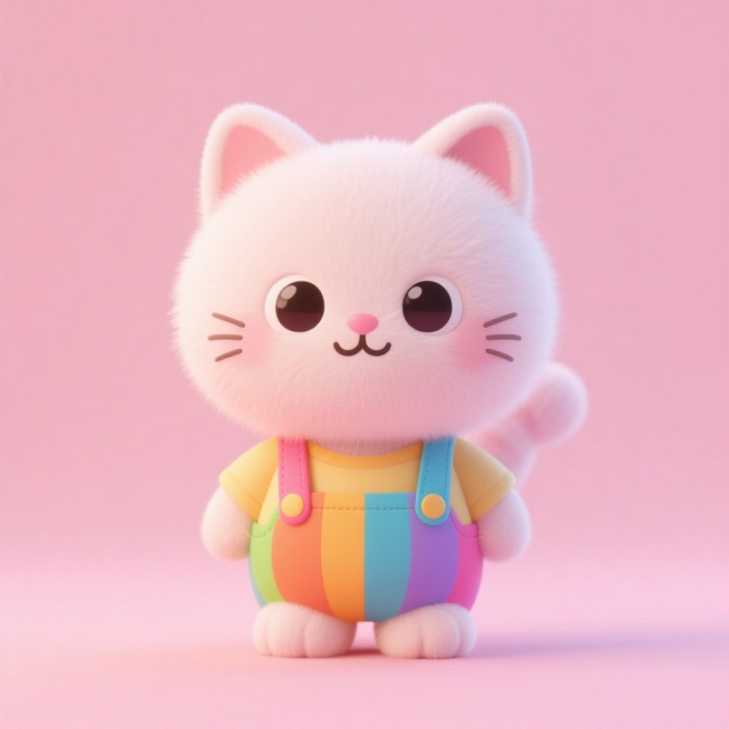 一只可爱的卡通猫咪IP形象，圆头圆脑，大眼睛，小耳朵，身体圆润，毛发柔软蓬松，穿着彩色背带裤，表情呆萌，背景是纯色浅粉色，整体风格可爱软萌预览效果