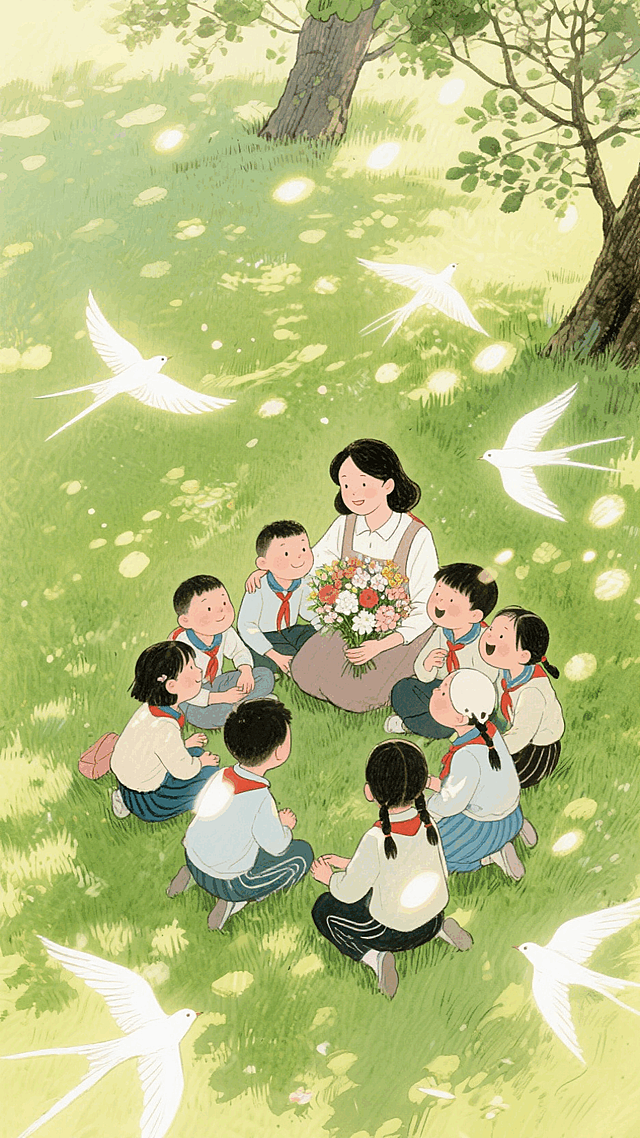 绿色调，学生们（穿着中国校服，姿态不一）愉悦靠在一位女老师（手里抱着鲜花）身边，一起坐在微风吹拂的草坪上互动的场景，几只动态的发光白鸟飞过装点画面，整个画面充满动态感和灵动感，温馨，梦幻，大量光斑，极强的光影交织，树影婆娑，鸟瞰视角POV，非常规的创意构图