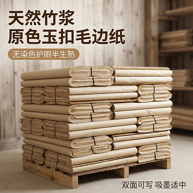 [主图 1] 玉扣毛边纸产品展示首图
[氛围/风格] 复古简约风格，仓库源头工厂质感，真实自然
[画面元素] 堆叠整齐的玉扣毛边纸主体居中展示，保留原产品外观纹理，背景简洁干净的木色仓库场景，自然柔和光线，突显纸质质感，画面无边框满铺
[配色色系] 主色调：仿古米黄土黄色；辅助色：浅木色背景、深色捆绳
[视角构图] 平视视角，景深适中，主体完整占据画面中心
[文字版式] 主标题 "天然竹浆 原色玉扣毛边纸"，字体粗体深棕色，放置在画面左上角留白处；副标题 "无染色护眼半生熟"，字体缩小一半浅棕色，放在主标题下方；右下角标注 "双面可写 吸墨适中"，细体深棕色，不遮挡主体，保持干净简约风格
[比例分辨率] 1:1 比例，2k 分辨率，保持产品与原图外观完全一致