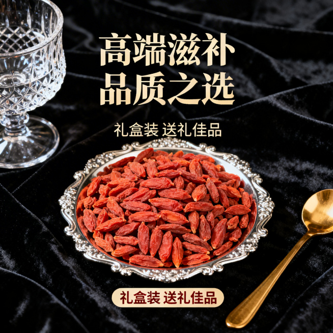 枸杞商用主图，采用轻奢风格，黑色丝绒背景上，精致的银色托盘盛放着枸杞，旁边搭配水晶玻璃杯和金色勺子，上方有“高端滋补 品质之选”文字，下方突出“礼盒装 送礼佳品”信息，风格精致典雅，凸显产品高端定位预览效果