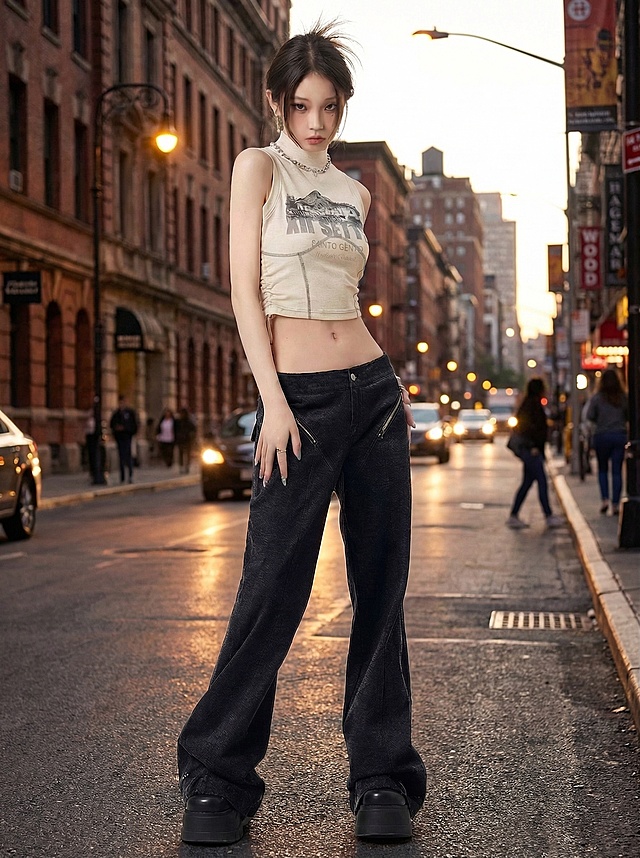 替换背景为城市街道背景，傍晚氛围感街头，保持模特人物姿势、服装完全不变，自然融合光影，街景虚化突出主体