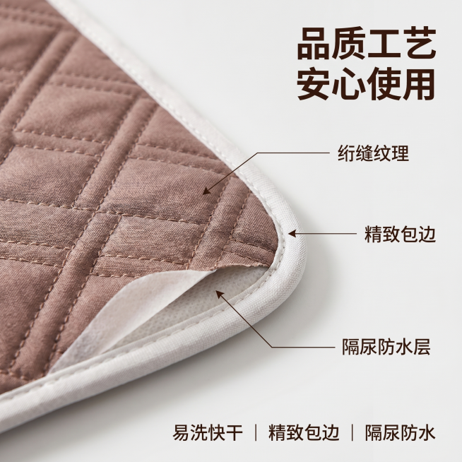 [主图 3] 多功能护理垫隔尿防水工艺细节展示。[氛围风格] 专业品质感，细节清晰展示。[画质] 商业摄影质感、光线柔和通透、产品清晰真实、画面干净高级。[元素] 超微距展示棕色绗缝护理垫面料纹理和包预览效果