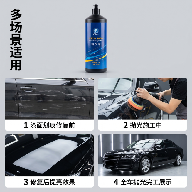 [主图 4] 汽车抛光蜡适用场景展示主图，四宫格场景展示。
[氛围风格] 真实场景化，专业汽配维修风，和套图风格统一
[画质] 商业摄影质感、光线明亮通透、各个场景清晰自然、画面干净高级。
[元素]预览效果