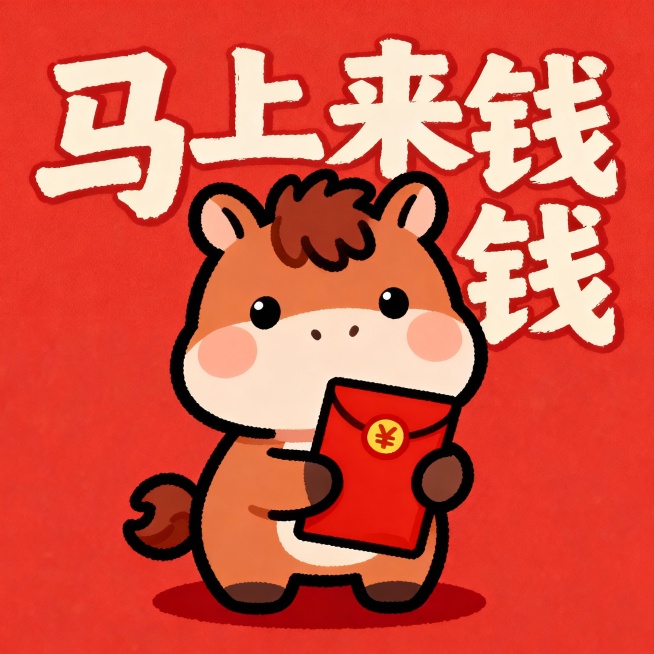Q版小马抱着红包，拙气艺术字“马上来钱”预览效果