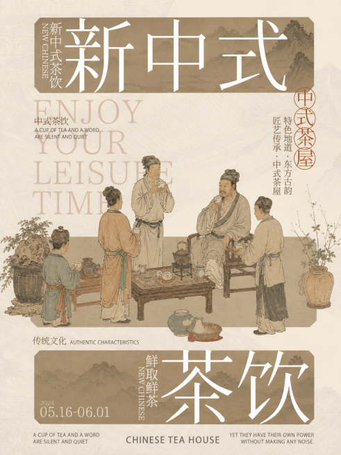 参考原图片的新中式茶饮海报风格，保留版式排版，古画人物品茶场景、新中式色调以及文案内容，重新生成一张高清的新中式茶饮海报预览效果