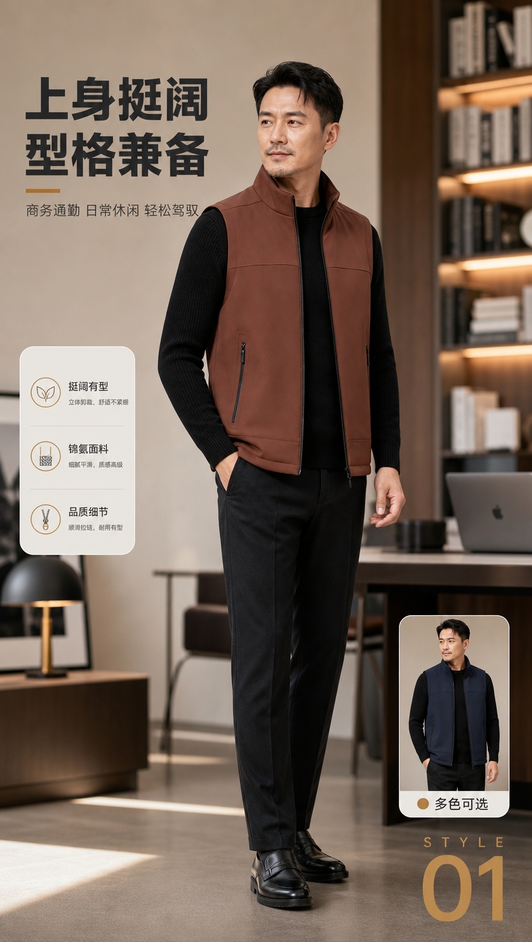 [商品] 使用【图1】焦糖棕马甲；商品处理：保留立领、门襟拉链… - 图片创意预览