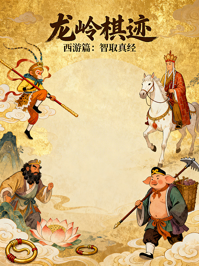 西游记元素背景，主题名称为"龙岭棋迹 西游篇：智取真经"，画面符合西游记主题，中间部分留白以便后期添加活动详细内容