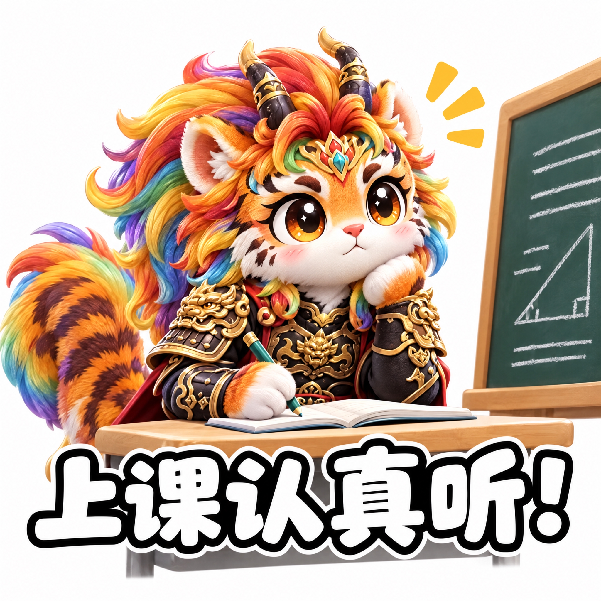 参考图中的彩虹鬃毛虎形神兽（穿黑色铠甲、持剑），做成可爱表情包… - 图片创意预览