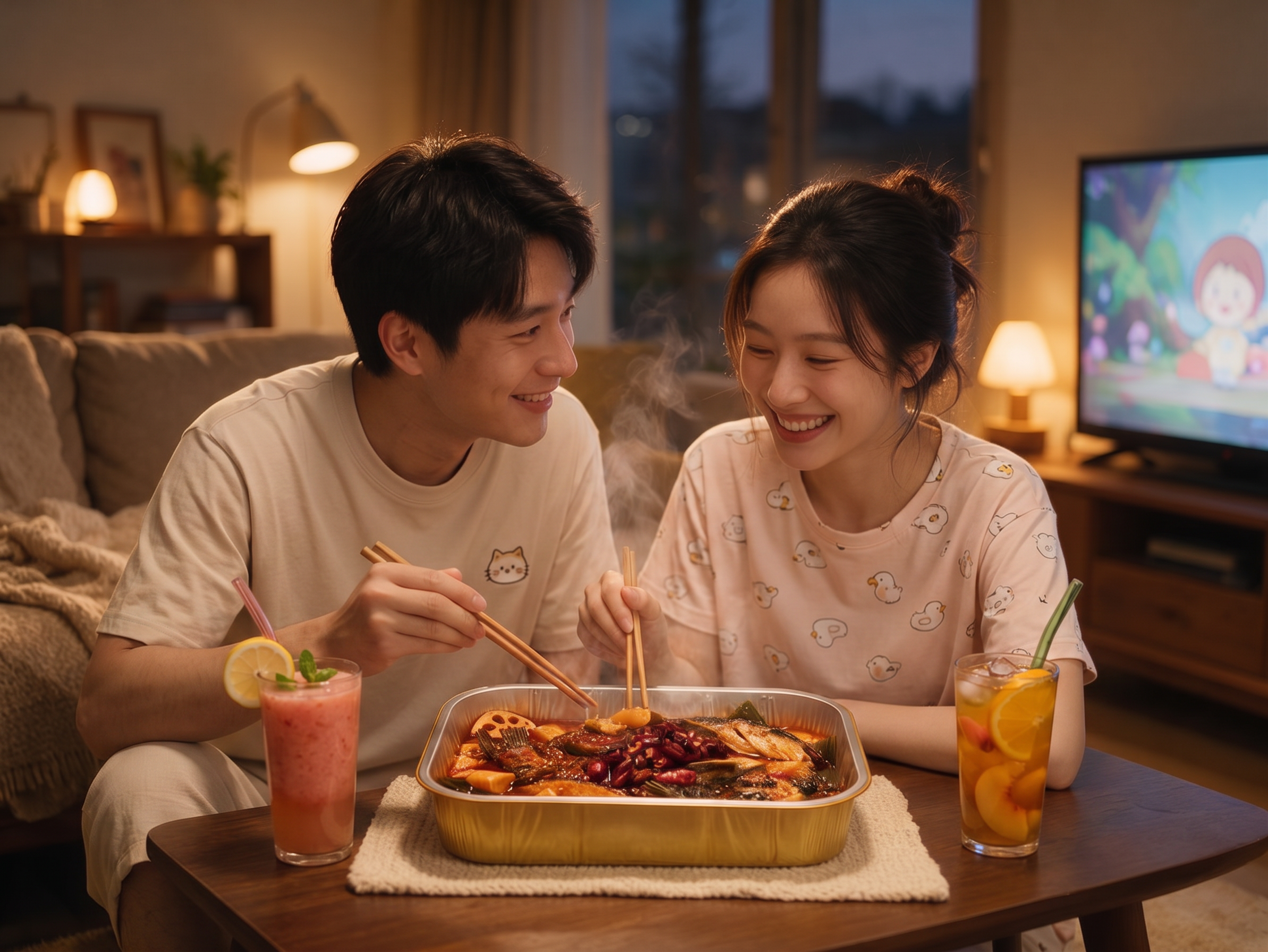 换成可爱的夏天居家服，加上两杯饮品 - 图片创意预览