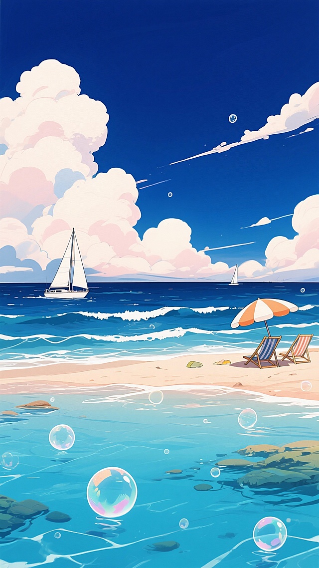 二次元卡通，海边，气泡，深青色，浅蓝色，氛围感夏天、快乐，细节丰富，全景构图，9:16,不要人物，生成2张