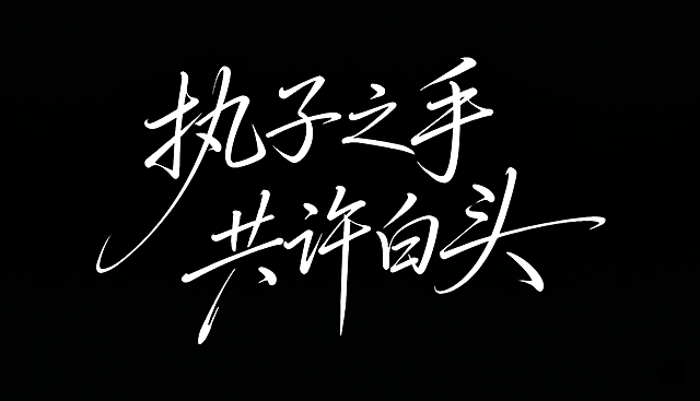 参考图片的字体风格，保持字体结构、排版和版面不变，仅将文字内容替换为“执子之手 共许白头”，黑色干净背景，白色手写书法字体，流畅飘逸的连笔笔触，分两行排列，字体风格为优雅洒脱的手写行书，笔画粗细对比自然，大弧度曲线设计，文字整体完整呈现不裁切，四周留安全边距