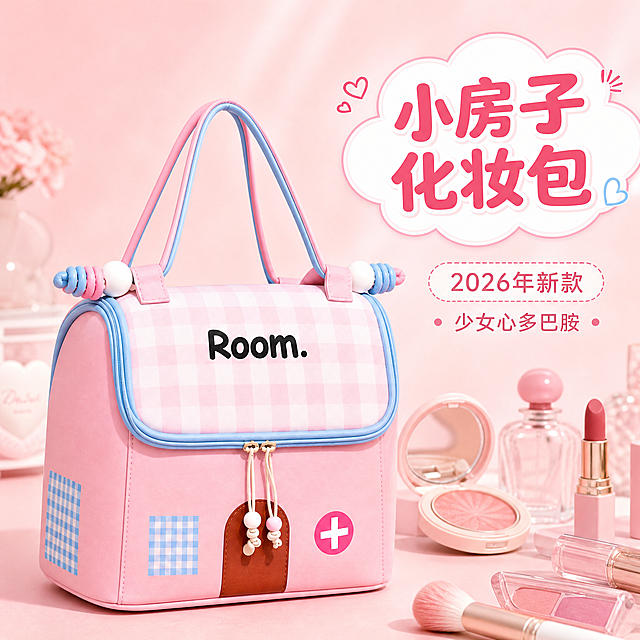 [主图-1] 首图 小房子化妆包 少女心多巴胺风格 产品英雄展示。
[统一基调] 整体风格为少女心多巴胺甜美风，背景主色为柔粉色渐变，搭配奶白与浅蓝点缀；标题字色为深粉色粗体圆润字体，辅助字色为浅灰粉色，强调色为马卡龙蓝；字体样式为圆润可爱无衬线体，字号层级分明；卡片采用圆角柔边、轻微投影，图标为线性可爱风。
[画面] 粉色小房子造型化妆包居中偏左，占画面约65%，正面45度视角展示完整外观，包身粉白格纹屋顶、棕色小门、蓝色格纹小窗、白色木珠提手装饰全部清晰保留，与输入产品图外观完全一致。背景为柔和的粉色渐变桌面，右侧散落少量精致化妆品道具（粉饼、口红、腮红），营造梳妆台整洁氛围。右上角有可爱云朵形状标题框。
[光影质感] 商业摄影质感，柔和自然光从左上方打来，包身皮革有细腻光泽，底部有自然接触阴影，整体明亮通透，少女感十足。
[配色] 主背景柔粉渐变，产品粉色为主，点缀马卡龙蓝、奶白、浅棕，标题深粉色。
[文字版式] 右上角大标题“小房子化妆包”，下方小字“2026年新款 少女心多巴胺”，文字不遮挡产品主体，放在负空间。
[输出要求] 1:1正方形比例，文字清晰可读，产品清晰不变形，无水印无平台Logo，无杂乱背景，无错字。