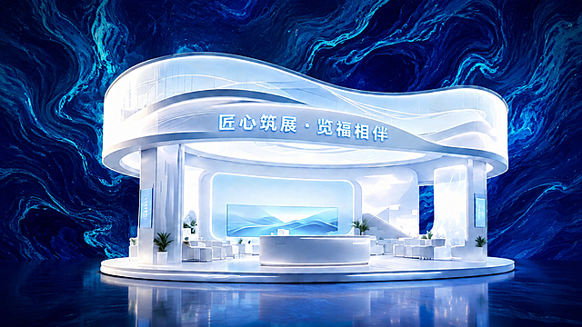 参考第二张图的深蓝色流体液态纹理背景风格，为第一张的展台建筑生成类似但不完全相同的背景。背景采用深蓝色流动纹理，带有青蓝色交织的液态大理石/水墨流动效果，纹理图案与第二张有区别但风格一致。展台建筑保持原样不变，与新背景自然融合，整体氛围高级有质感，展台底部有微弱的环境光反射