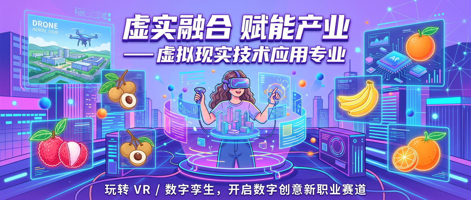 横版公众号封面，尺寸1800×766，赛博浅紫蓝渐变背景，漂浮三维模型、AR互动光点、无人机航拍图层、虚拟直播舞台元素。画面中心年轻创作者佩戴VR设备操作数字场景，融入本地特色农产品轻量化图形，包括荔预览效果