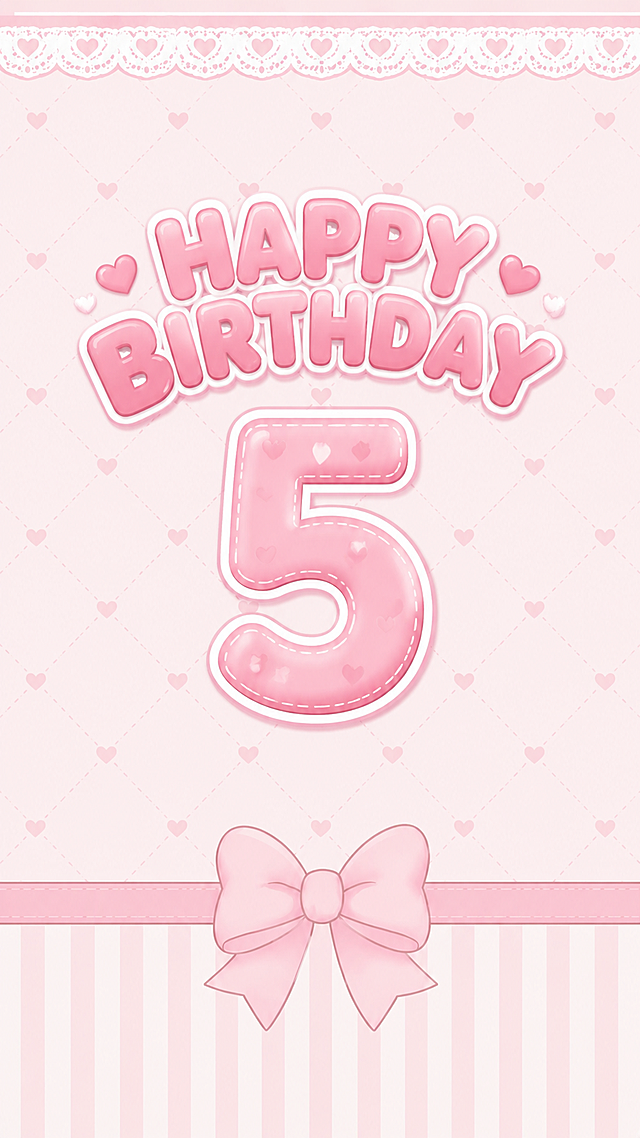在画面上方居中位置添加艺术字体文字"HAPPY BIRTHDAY"，字体为圆润可爱的粉色卡通风格，带有白色描边，在文字下方或旁边搭配大号数字"5"，数字5同样为可爱粉色卡通风格，整体排版协调美观，与粉色甜美生日主题相符，保持原图的蕾丝花边、爱心网格、蝴蝶结等所有元素不变，高清精致