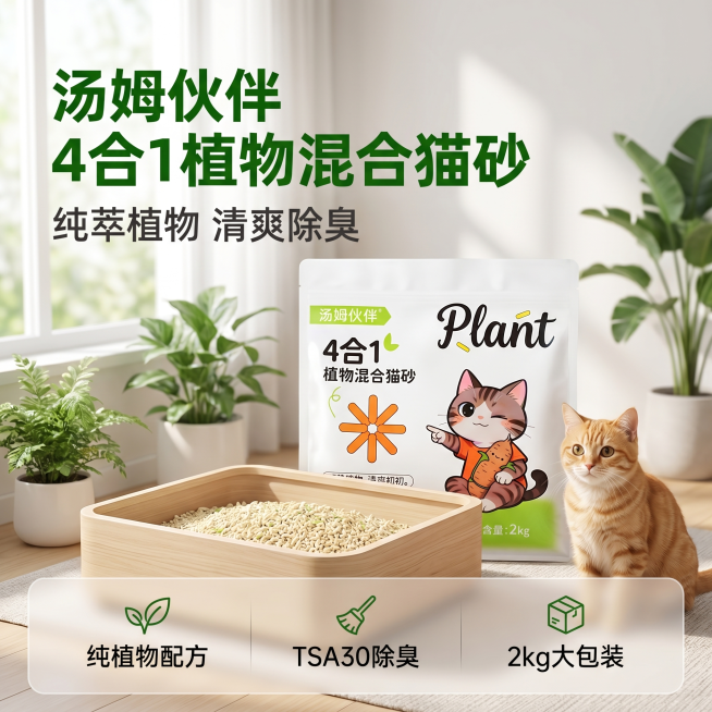 [主图 1] 汤姆伙伴4合1植物混合猫砂创意产品首图。
[氛围风格] 创意满满奇思妙想，清新自然宠物用品风，真实家居氛围感；
[画质] 商业摄影质感、光线柔和通透、产品清晰真实、画面干净高级。
[元素预览效果
