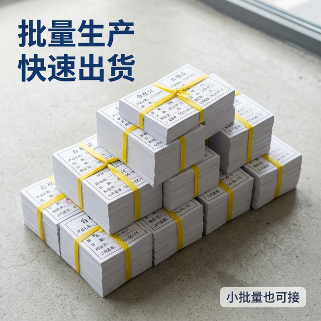 生成批量成品合格证展示主图，展示几捆打包好的成品合格证，用黄色捆扎绳固定，错落摆放在浅灰色背景上，清晰展现大货批量生产的真实质感，左上角添加深色加粗标题“批量生产 快速出货”，右下角添加浅色标签“小批预览效果