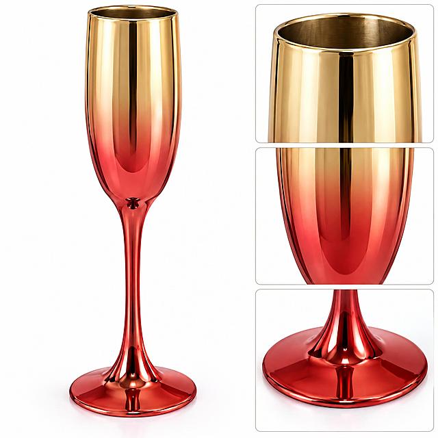 Amazon e-commerce detail image, 1:1 square, product photography style. Close-up shot of one gradient red-gold champagne flute (5cm caliber, 6.4cm base diameter, 22.4cm height) showing the premium electroplated surface texture and smooth gradient color transition from red to gold. Clean white background, soft studio lighting highlighting the reflective metallic finish, detailed product feature showcase, ultra realistic, commercial product photography, no text or watermarks