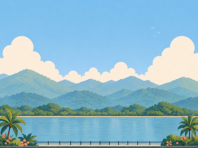 现代感扁平风插画，清新自然山水景致，结合科技蓝调与未来感色彩，营造宁静虚拟现实氛围。