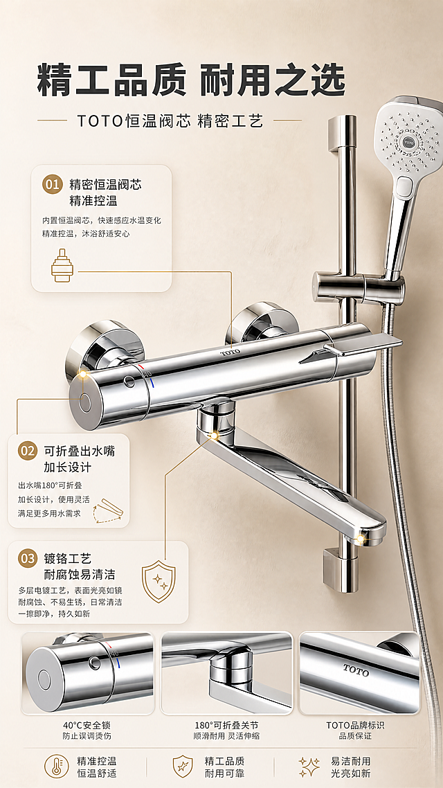 [商品] 使用【图2】TOTO恒温龙头细节特写图、【图1】花洒套装图；保留龙头结构：恒温控制旋钮、40℃安全锁、红蓝冷热标识、可折叠出水嘴关节、TOTO Logo、镀铬亮面材质；突出金属结构细节和工艺质感。
[画面] 页面目标：结构材质展示，证明恒温阀芯与可折叠结构的精工品质；构图骨架：竖版9:16，左文右图结构，左侧结构说明文字，右侧龙头主体特写+局部放大标注；主体位置：右侧偏中，龙头占画面约50%；景别：特写+局部放大；前中后景：前景引线标注，中景龙头主体，后景浅米杏渐变背景；阅读动线：顶部标题→右侧龙头主体→左侧结构说明；场景：浅渐变背景突出产品结构细节。
[视觉] 套系策略：风格=现代侘寂奶油风高端卫浴商业摄影；标题字=思源黑体粗体；正文字=思源黑体常规体；主色=奶油米杏色；背景延展=基于奶油米杏色做深浅层级、同色渐变和微水泥墙面质感；强调色=香槟金，仅用于小面积图标、引线、标签和高光点缀；标题色=深炭灰；正文色=中暖灰；组件=圆角浅底信息卡、细线引线、简约图标；光影=左前侧暖柔光，金属镀铬高光清晰，突出表面光洁度和金属质感，阴影柔和。
[文字] 主标题：精工品质 耐用之选（8字，顶部居中）；副标题：TOTO恒温阀芯 精密工艺（10字，主标题下方）；3个结构标注点（引线从产品指向左侧说明）：①精密恒温阀芯 精准控温 ②可折叠出水嘴 加长设计 ③镀铬工艺 耐腐蚀易清洁；每个标注点配小标题+简短说明，文字横排，层级清晰。
[规格] 图片比例9:16竖版，4K分辨率，负向提示：避免变形、错字、文字过小、冷蓝/蓝灰背景、产品结构改变、标注引线混乱、金属质感失真。