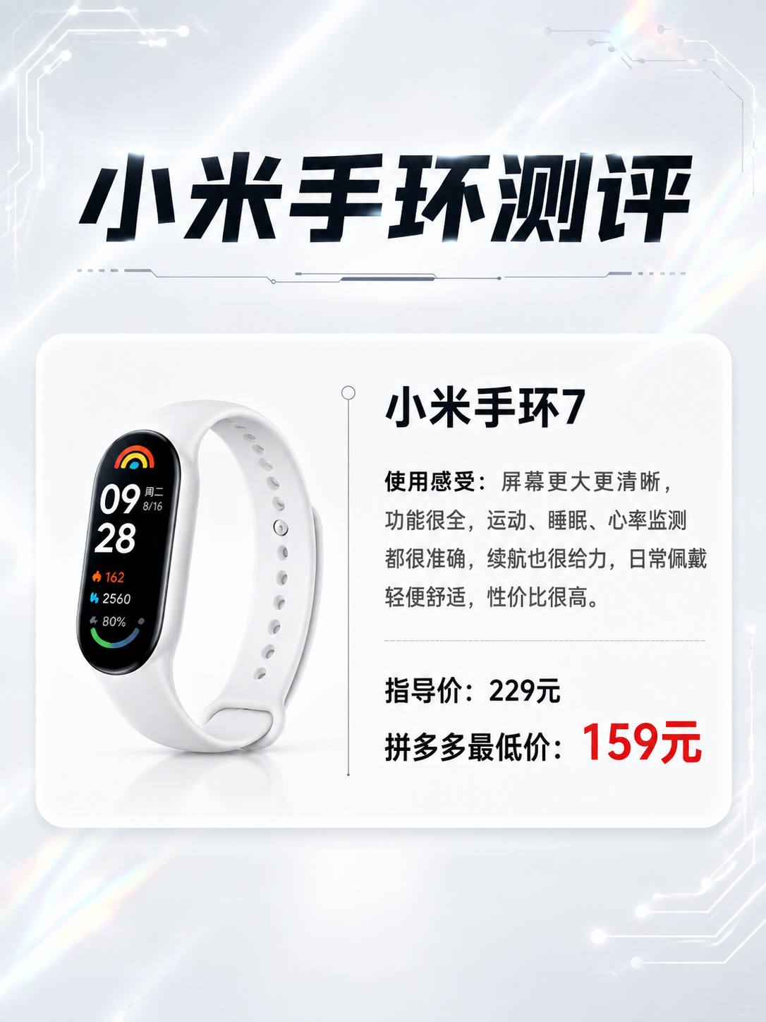 参考第二张图的排版样式，生成小米手环7的产品测评卡片，3:4竖… - 图片创意预览
