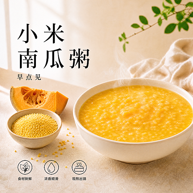 [单张主图] 小米南瓜粥 高级氛围感主图，延续参考图风格制作外卖平台商品主图。保留左上文字区、右侧主碗、左侧小碗配原料、左下三个图标卖点的版式不变，品牌为"早点见"。将大标题修改为"小米南瓜粥"；右侧主碗改为盛放金黄色浓稠小米南瓜粥，表面有热气升腾，可见细密小米粒与南瓜泥融合质感；左侧小碗替换为盛放干小米粒（浅陶小碗），旁边散落几粒小米与一小块切开的南瓜（橙黄果肉清晰可见）；背景仍为浅暖米色，右上绿植点缀，自然侧窗光柔和通透；左下图标卖点文字修改为：「食材新鲜」「浓香顺滑」「现熬出锅」；整体风格温馨高级，突出粗粮健康与现熬品质感，画面干净真实