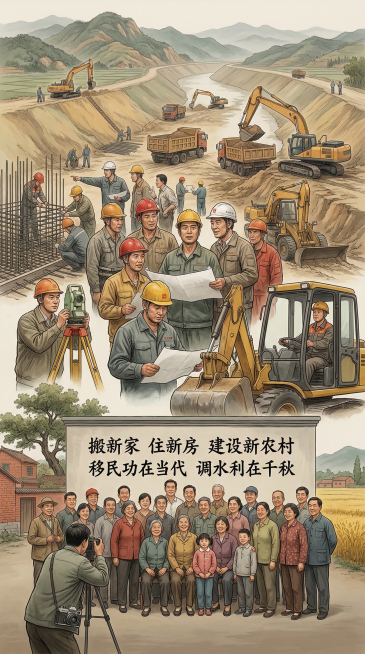 南水北调中线有限公司一楼展厅专用壁画，适配后期立体浮雕制作，新中式现实主义水墨写实风格，融合中国传统工笔人物画细腻质感与写实油画厚重氛围感，8K超高清，300DPI，超精细像素，极致丰富的人物与场景细预览效果