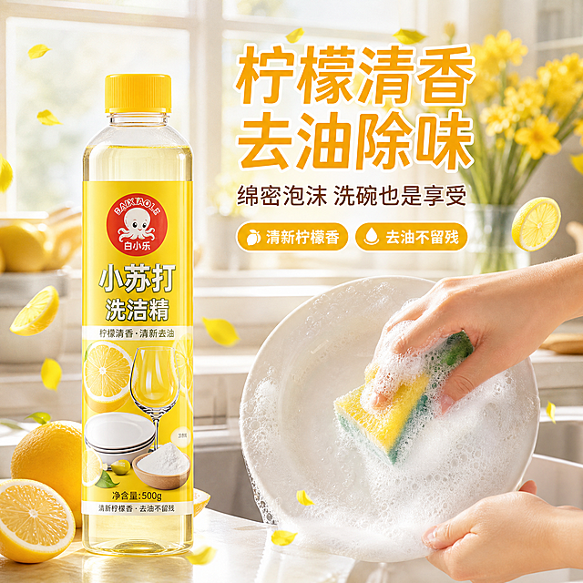 延续参考主图的版式、厨房明亮场景和柠檬清香主题，将画面左侧的按压泵头瓶替换为细长圆瓶黄色小苏打洗洁精。细长圆瓶正面朝向镜头，瓶身无畸变，瓶身标签有BAIXIAOLE白小乐红色圆形Logo（带章鱼图案）、小苏打洗洁精字样、柠檬切片图案、白色盘子和高脚杯图案、小苏打粉末图案，黄色普通旋盖，整体为细长圆柱形瓶身，与上传的细长圆瓶产品外观完全一致。右侧保留双手用海绵洗碗的场景，绵密泡沫丰富，周围有飞舞的柠檬切片和黄色花瓣，背景是明亮厨房窗边和黄色花朵装饰。主标题大字改为"柠檬清香 去油除味"，副标题改为"绵密泡沫 洗碗也是享受"，底部两个标签改为"清新柠檬香"和"去油不留残"（将原护手不伤肤替换为去油不留残）。整体色调明黄色和白色为主，清新明亮厨房风，商业摄影质感，柔和暖调自然光，温暖清新。产品瓶身占比约35%，文字不遮挡主体。比例1:1，2K高清，文字清晰可读，产品清晰无畸变。