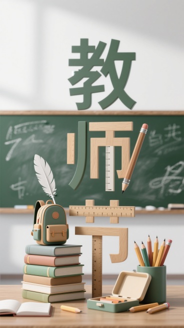 教师节字体设计，三个中文字“教师节”完全由文具物品构成：“教”字由堆叠的书本和一个小书包构成，“师”字由一支羽毛笔和一把木尺子精巧地拼成，“节”字由一个打开的铅笔盒和几支散落的铅笔组成。所有物品均为简预览效果