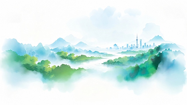 去除图片右下角的所有文字和水印，保留整体新中式水墨渐变蓝绿色风格，保持画面自然流畅，其他元素内容和构图完全不变。