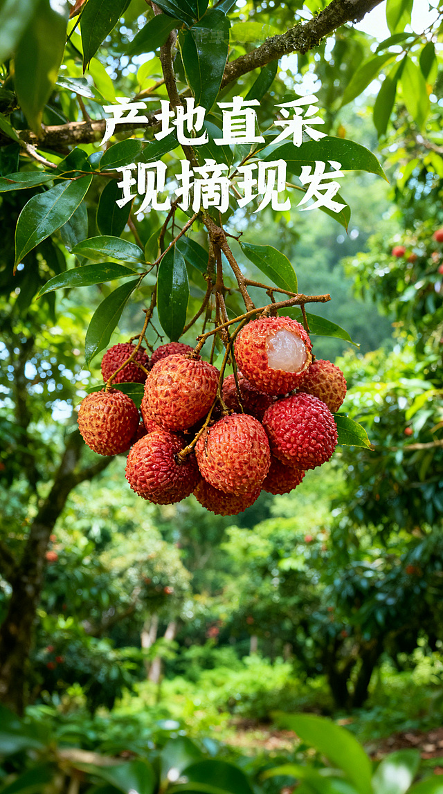 基于原图的新鲜荔枝，生成电商详情图，添加文案"产地直采 现摘现发"，展示荔枝整串挂在枝头的场景，背景是郁郁葱葱荔枝林，自然清新风格，突出鲜果采摘感
